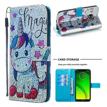 Star Unicorn Sequins Painted Leather Wallet Case for Motorola Moto G7 Power
