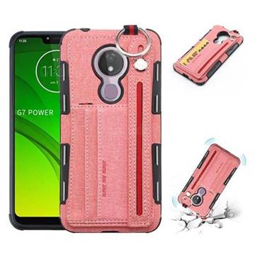 British Style Canvas Pattern Multi-function Leather Phone Case for Motorola Moto G7 Power - Pink