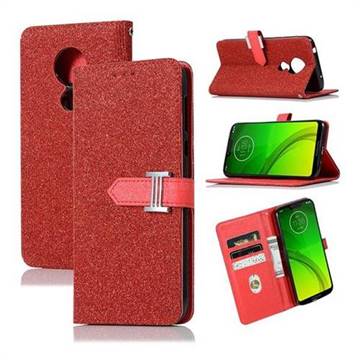 Fashion Glitter Metal Buckle Wallet Case for Motorola Moto G7 Power - Red