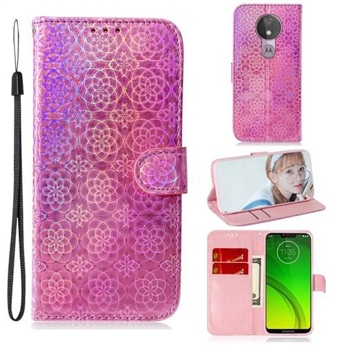 Laser Circle Shining Leather Wallet Phone Case for Motorola Moto G7 Power - Pink