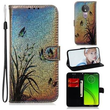Butterfly Orchid Laser Shining Leather Wallet Phone Case for Motorola Moto G7 Power