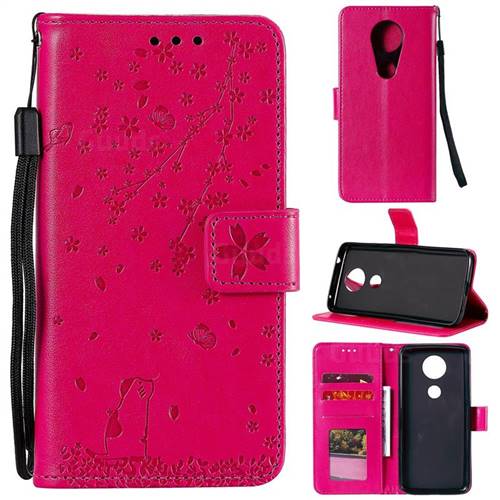 Embossing Cherry Blossom Cat Leather Wallet Case for Motorola Moto G7 Power - Rose
