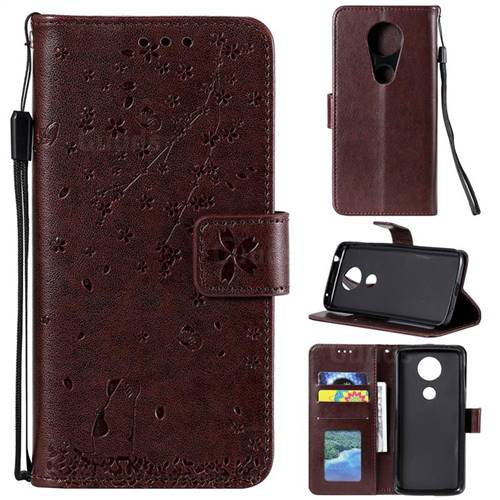 Embossing Cherry Blossom Cat Leather Wallet Case for Motorola Moto G7 Power - Brown