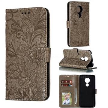Intricate Embossing Lace Jasmine Flower Leather Wallet Case for Motorola Moto G7 Power - Gray