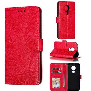 Intricate Embossing Lace Jasmine Flower Leather Wallet Case for Motorola Moto G7 Power - Red