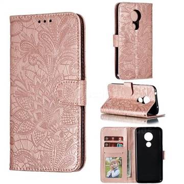 Intricate Embossing Lace Jasmine Flower Leather Wallet Case for Motorola Moto G7 Power - Rose Gold