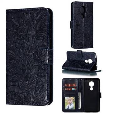 Intricate Embossing Lace Jasmine Flower Leather Wallet Case for Motorola Moto G7 Power - Dark Blue