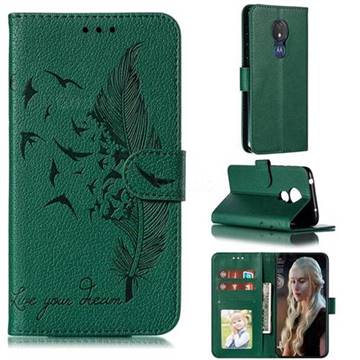 Intricate Embossing Lychee Feather Bird Leather Wallet Case for Motorola Moto G7 Power - Green