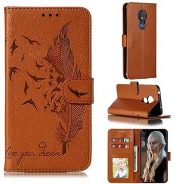 Intricate Embossing Lychee Feather Bird Leather Wallet Case for Motorola Moto G7 Power - Brown