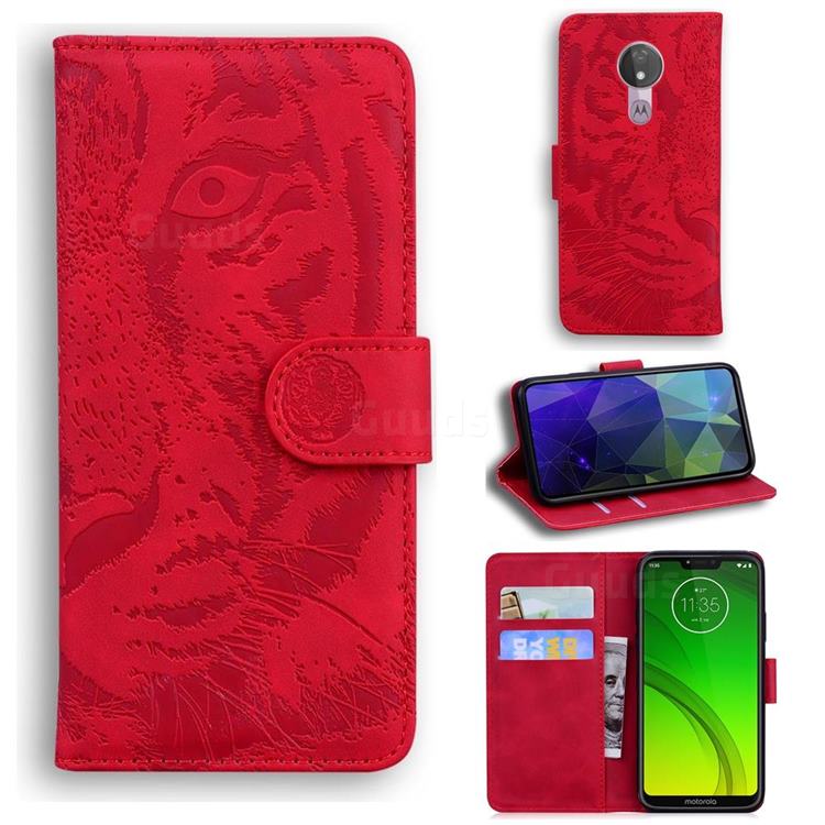 Intricate Embossing Tiger Face Leather Wallet Case for Motorola Moto G7 Power - Red