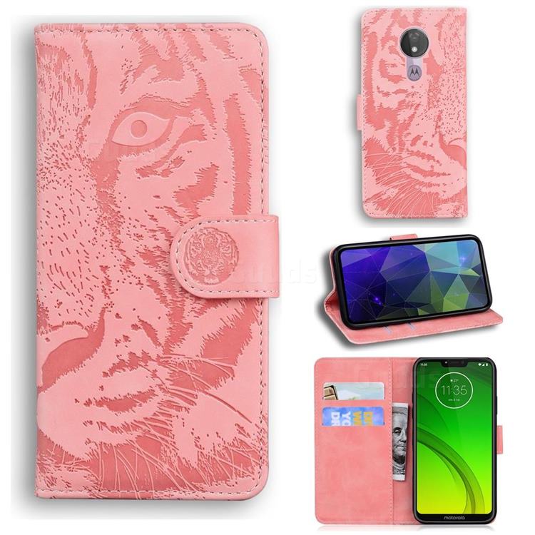 Intricate Embossing Tiger Face Leather Wallet Case for Motorola Moto G7 Power - Pink