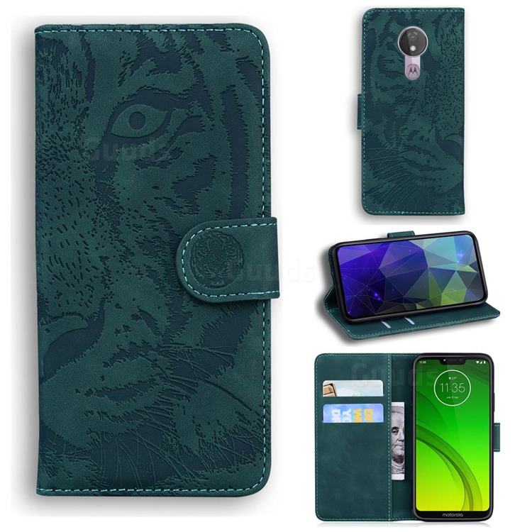 Intricate Embossing Tiger Face Leather Wallet Case for Motorola Moto G7 Power - Green