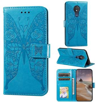 Intricate Embossing Rose Flower Butterfly Leather Wallet Case for Motorola Moto G7 Power - Blue