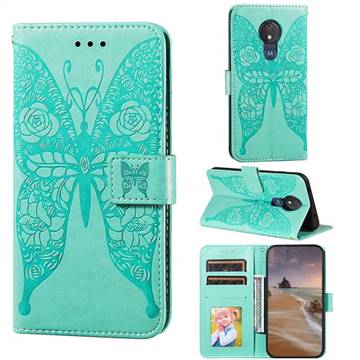 Intricate Embossing Rose Flower Butterfly Leather Wallet Case for Motorola Moto G7 Power - Green