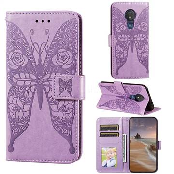 Intricate Embossing Rose Flower Butterfly Leather Wallet Case for Motorola Moto G7 Power - Purple