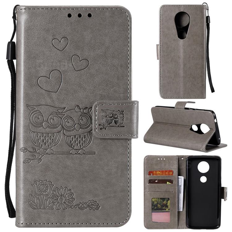 Embossing Owl Couple Flower Leather Wallet Case for Motorola Moto G7 Power - Gray