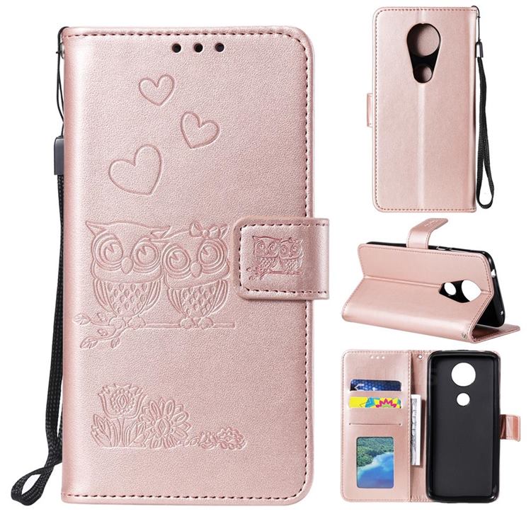 Embossing Owl Couple Flower Leather Wallet Case for Motorola Moto G7 Power - Rose Gold