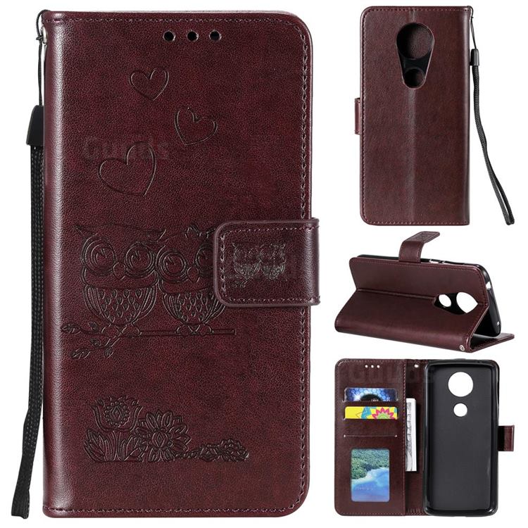 Embossing Owl Couple Flower Leather Wallet Case for Motorola Moto G7 Power - Brown