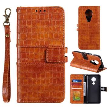 Luxury Crocodile Magnetic Leather Wallet Phone Case for Motorola Moto G7 Power - Brown