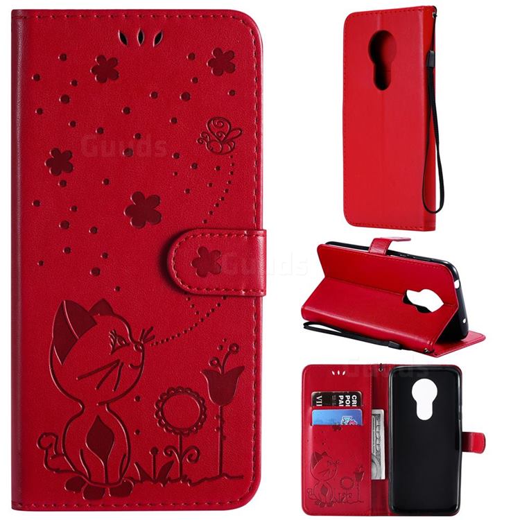 Embossing Bee and Cat Leather Wallet Case for Motorola Moto G7 Power - Red
