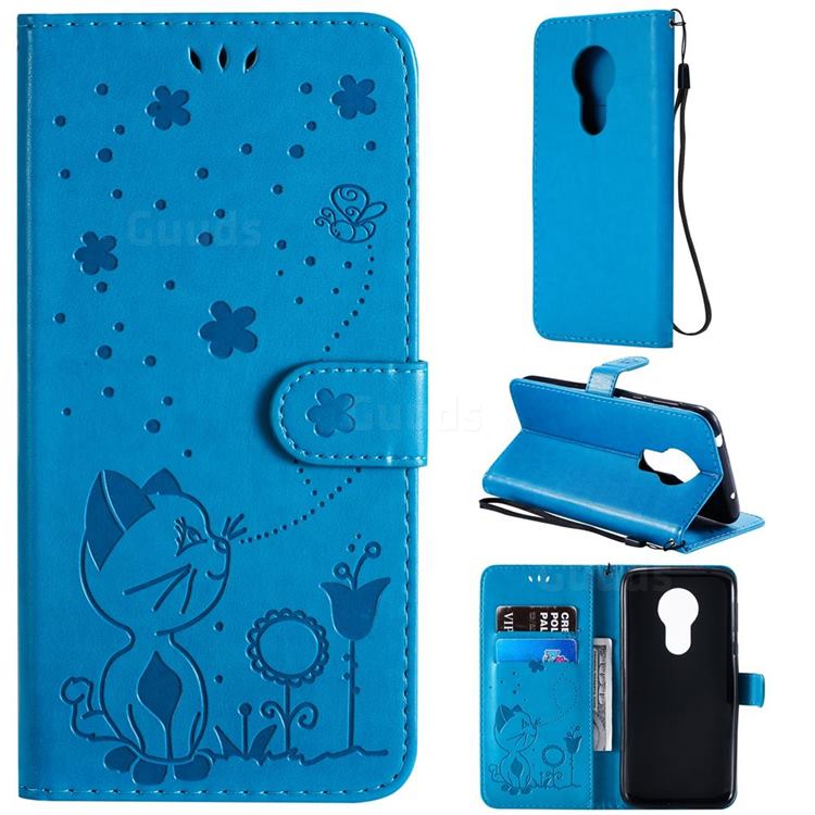 Embossing Bee and Cat Leather Wallet Case for Motorola Moto G7 Power - Blue