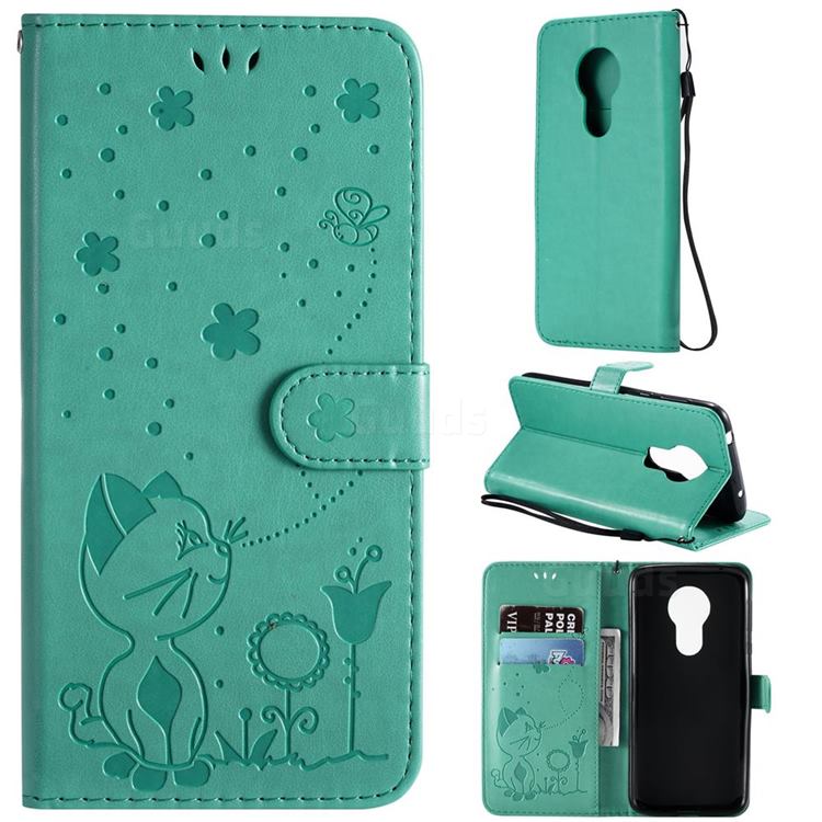 Embossing Bee and Cat Leather Wallet Case for Motorola Moto G7 Power - Green
