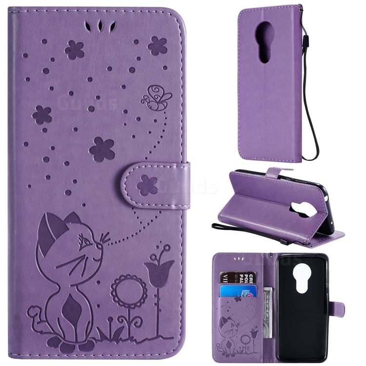 Embossing Bee and Cat Leather Wallet Case for Motorola Moto G7 Power - Purple