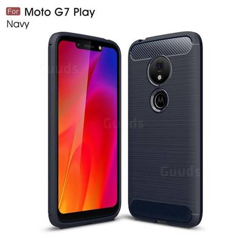 Luxury Carbon Fiber Brushed Wire Drawing Silicone TPU Back Cover for Motorola Moto G7 Play - Navy