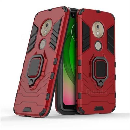 Black Panther Armor Metal Ring Grip Shockproof Dual Layer Rugged Hard Cover for Motorola Moto G7 Play - Red