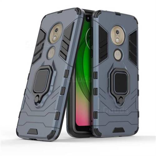 Black Panther Armor Metal Ring Grip Shockproof Dual Layer Rugged Hard Cover for Motorola Moto G7 Play - Blue