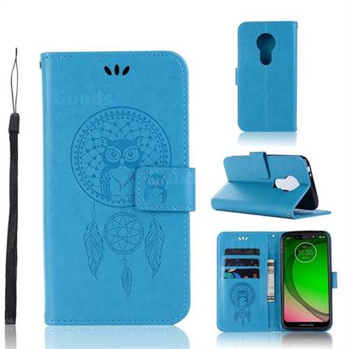 Intricate Embossing Owl Campanula Leather Wallet Case for Motorola Moto G7 Play - Blue