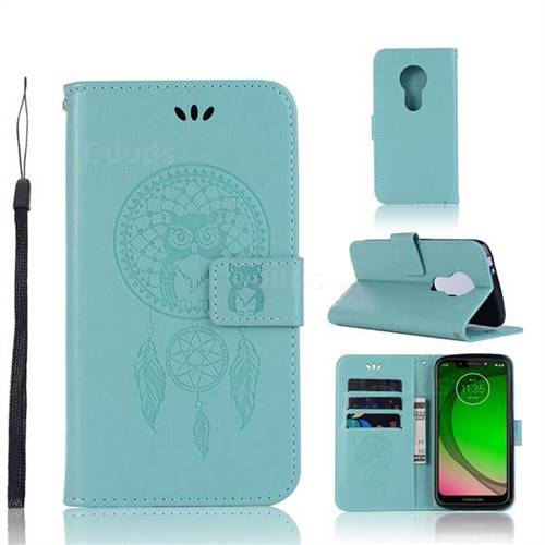 Intricate Embossing Owl Campanula Leather Wallet Case for Motorola Moto G7 Play - Green