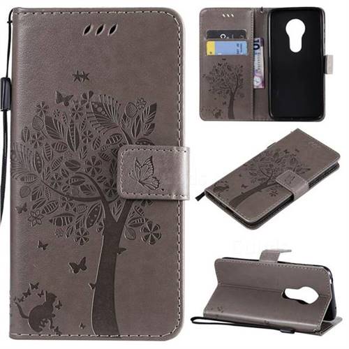 Embossing Butterfly Tree Leather Wallet Case for Motorola Moto G7 Play - Grey