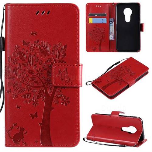 Embossing Butterfly Tree Leather Wallet Case for Motorola Moto G7 Play - Red