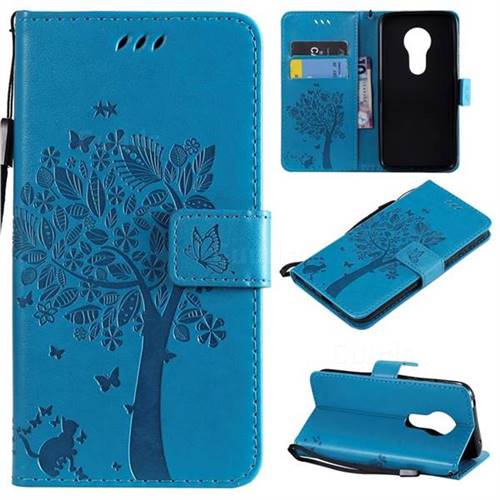 Embossing Butterfly Tree Leather Wallet Case for Motorola Moto G7 Play - Blue