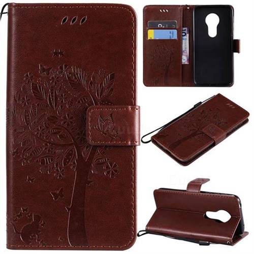 Embossing Butterfly Tree Leather Wallet Case for Motorola Moto G7 Play - Coffee