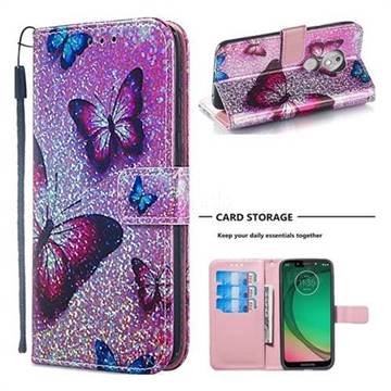 Blue Butterfly Sequins Painted Leather Wallet Case for Motorola Moto G7 Play