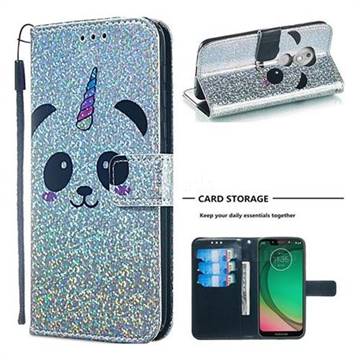 Panda Unicorn Sequins Painted Leather Wallet Case for Motorola Moto G7 Play