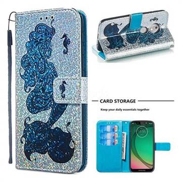 Mermaid Seahorse Sequins Painted Leather Wallet Case for Motorola Moto G7 Play