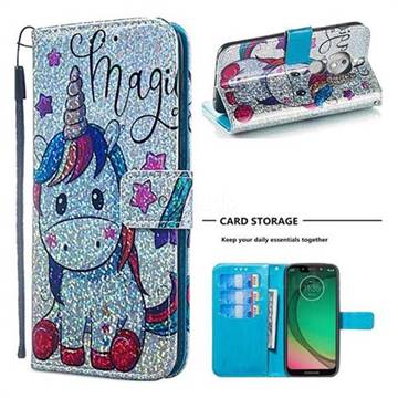 Star Unicorn Sequins Painted Leather Wallet Case for Motorola Moto G7 Play