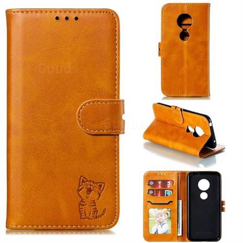 Embossing Happy Cat Leather Wallet Case for Motorola Moto G7 Play - Yellow