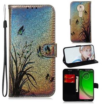 Butterfly Orchid Laser Shining Leather Wallet Phone Case for Motorola Moto G7 Play