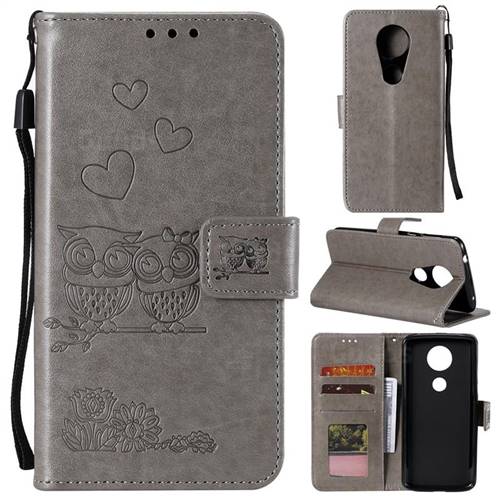 Embossing Owl Couple Flower Leather Wallet Case for Motorola Moto G7 Play - Gray