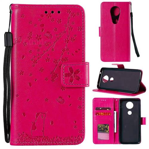 Embossing Cherry Blossom Cat Leather Wallet Case for Motorola Moto G7 Play - Rose
