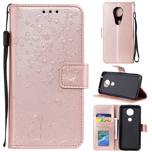 Embossing Cherry Blossom Cat Leather Wallet Case for Motorola Moto G7 Play - Rose Gold
