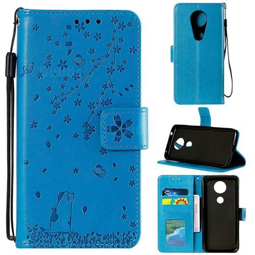 Embossing Cherry Blossom Cat Leather Wallet Case for Motorola Moto G7 Play - Blue
