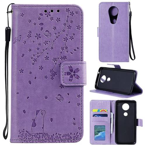 Embossing Cherry Blossom Cat Leather Wallet Case for Motorola Moto G7 Play - Purple