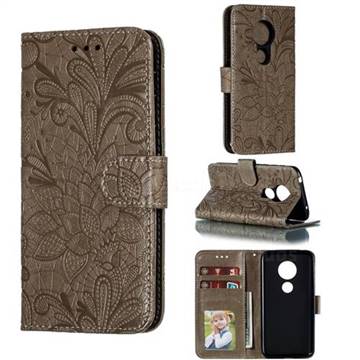 Intricate Embossing Lace Jasmine Flower Leather Wallet Case for Motorola Moto G7 Play - Gray