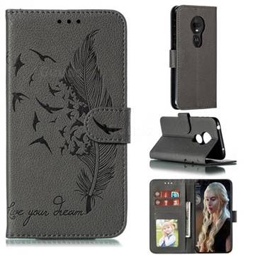 Intricate Embossing Lychee Feather Bird Leather Wallet Case for Motorola Moto G7 Play - Gray