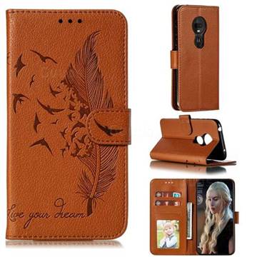 Intricate Embossing Lychee Feather Bird Leather Wallet Case for Motorola Moto G7 Play - Brown